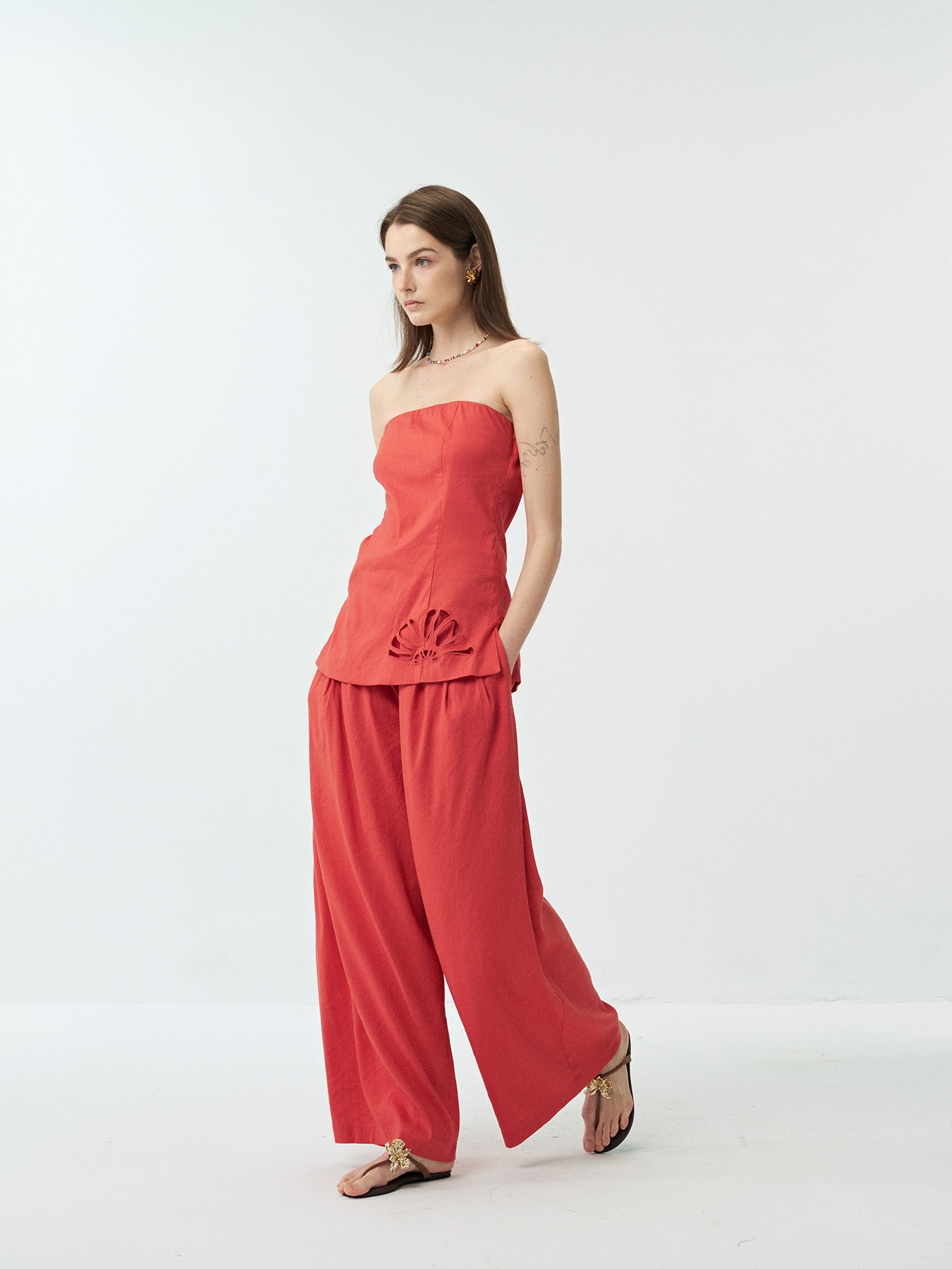 Linen Embroidered Hollow Tube Top