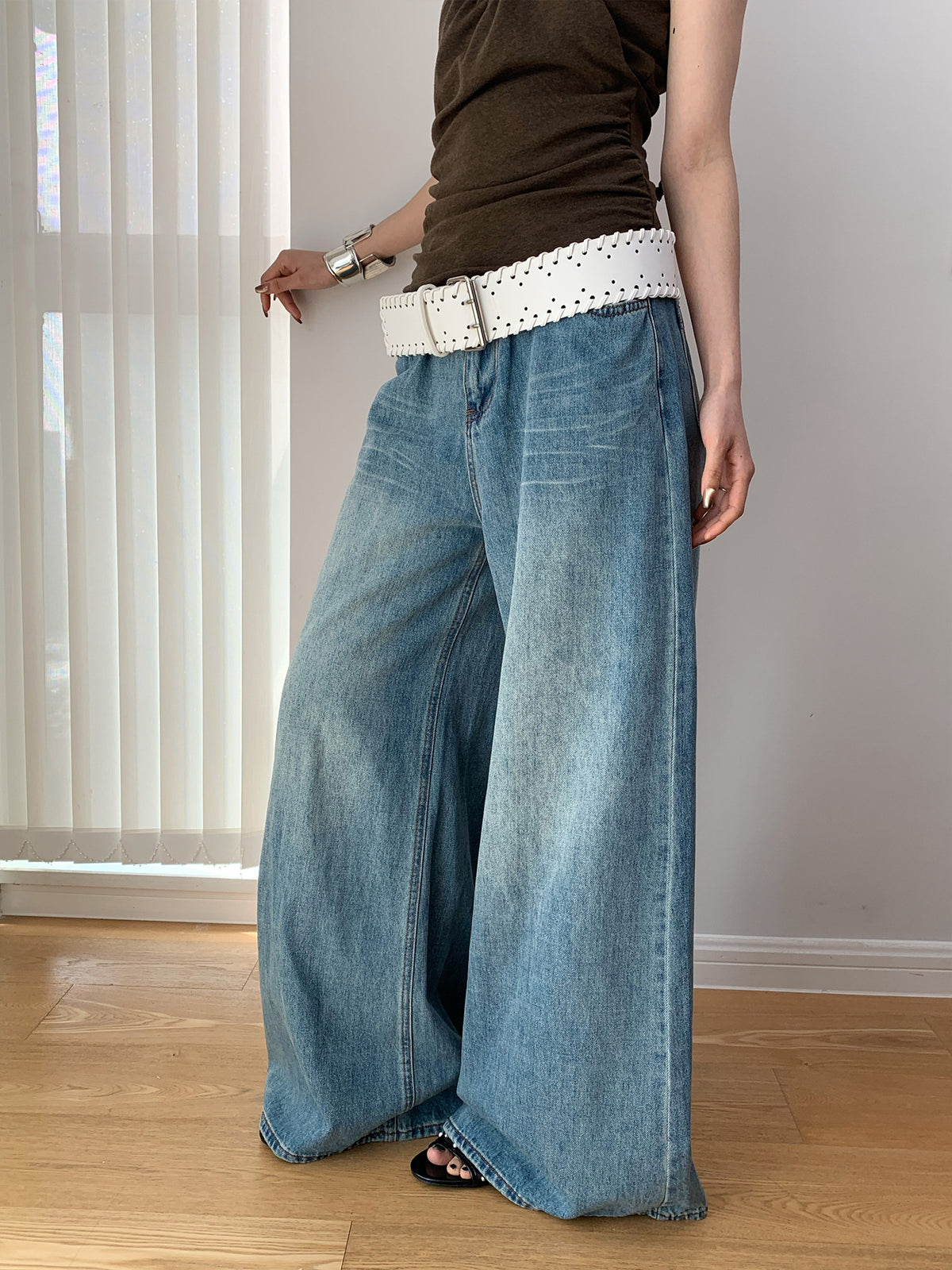 High-Waist Wide-Leg Washed Long Baggy Jeans