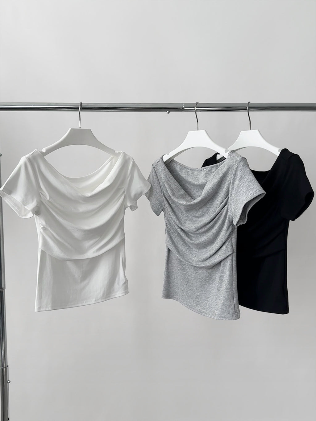 Draped Boat Neck Ruched Fitted T-Shirt