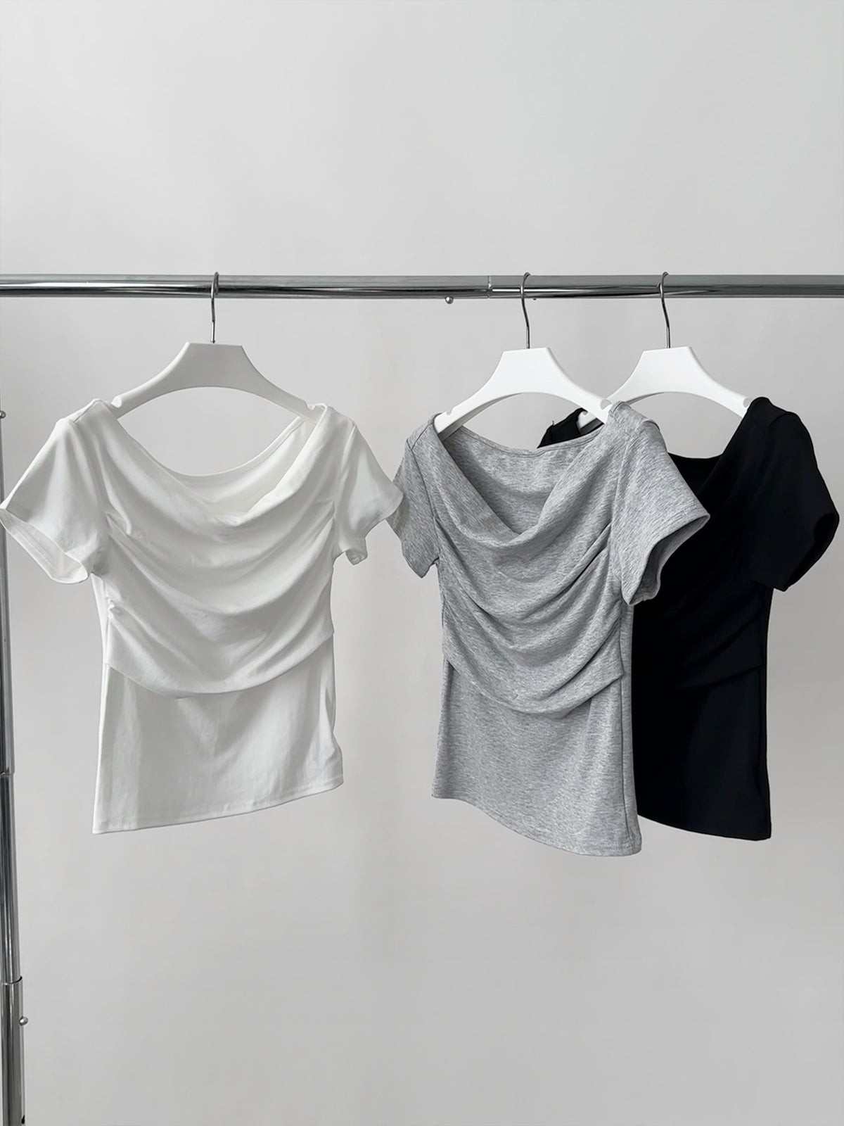 Draped Boat Neck Ruched Fitted T-Shirt