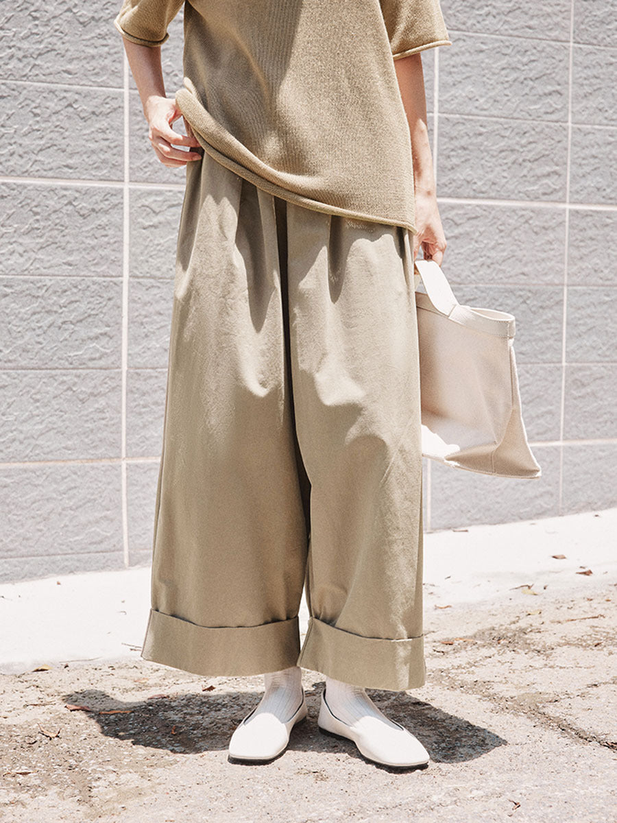 Wide-leg High-waisted Folded Crop Pants