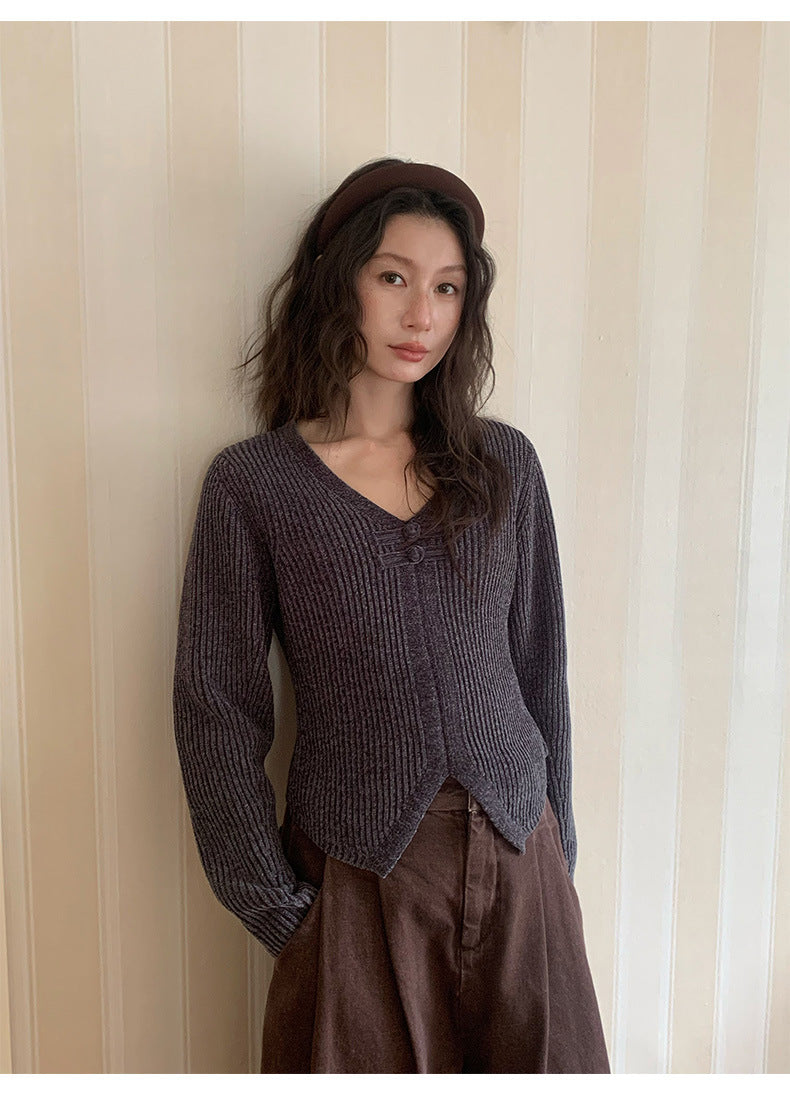 Frog Button V-Neck Striped Long-sleeve Slim-Fit Sweater