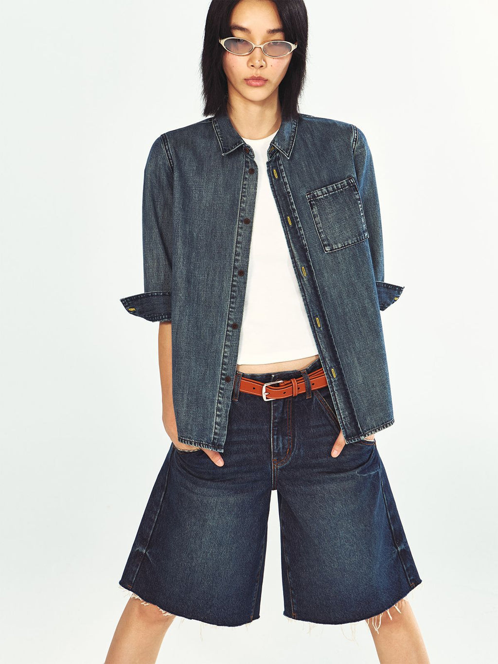 Three-Quarter Sleeve Denim Shirt