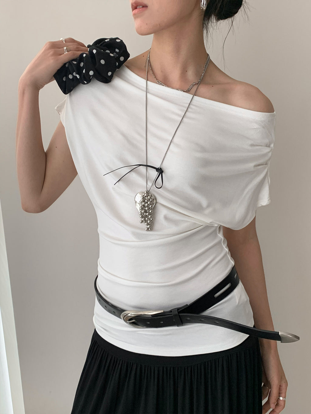 Draped Off Shoulder Boat Neck Ruched Fitted Top