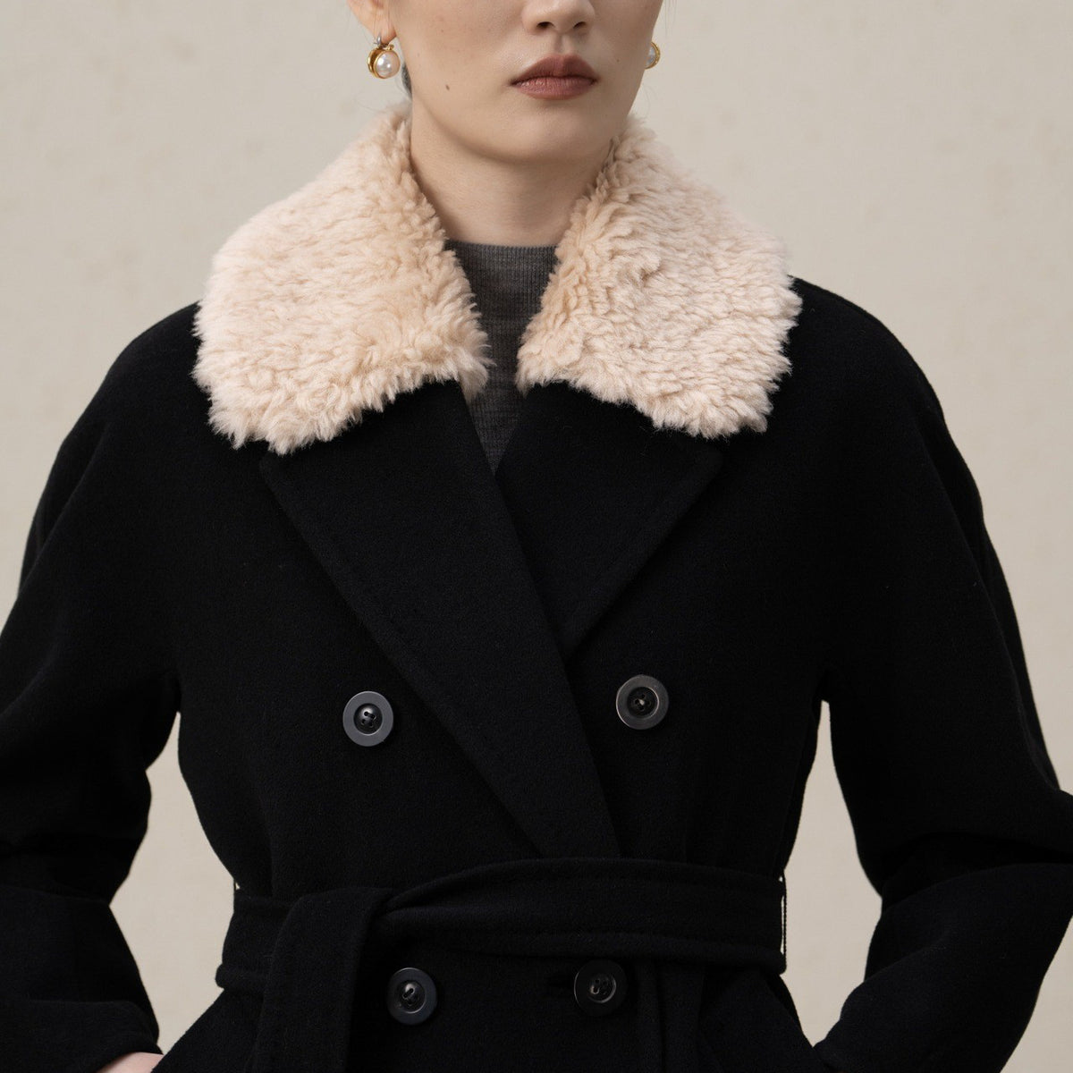 Double-Breasted Merino Wool & Cashmere Coat with Shearling Collar