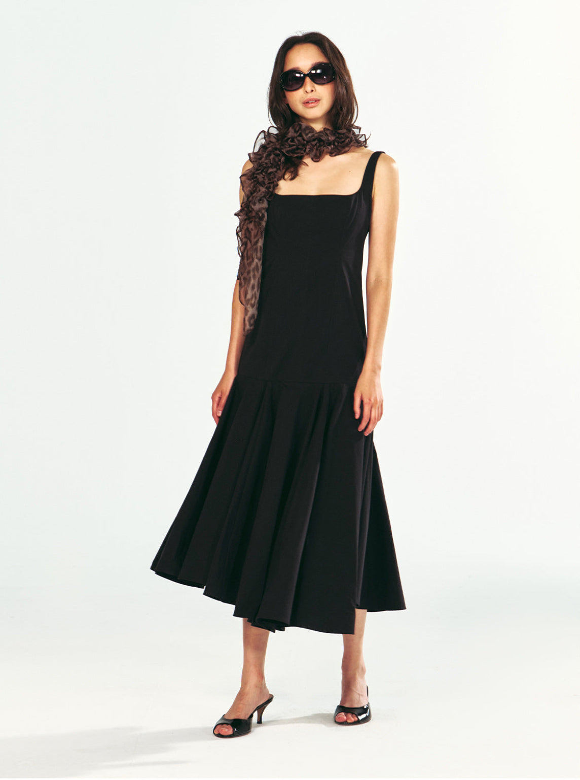 Square-Neck Fitted Bodice Midi Dress with Gathered Flare Skirt