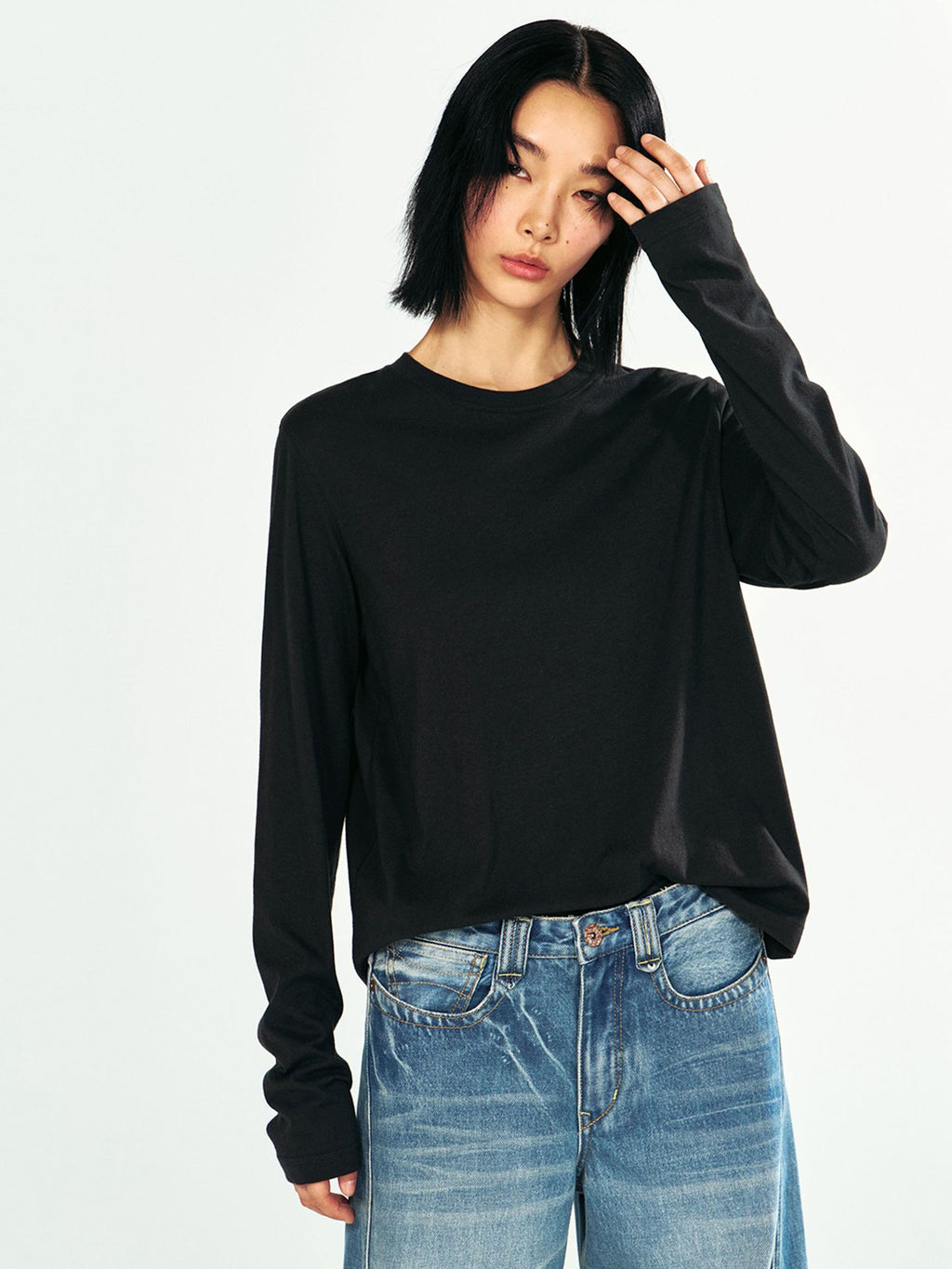 Cotton-linen Blend Basic Long-sleeve Round-neck T-shirt