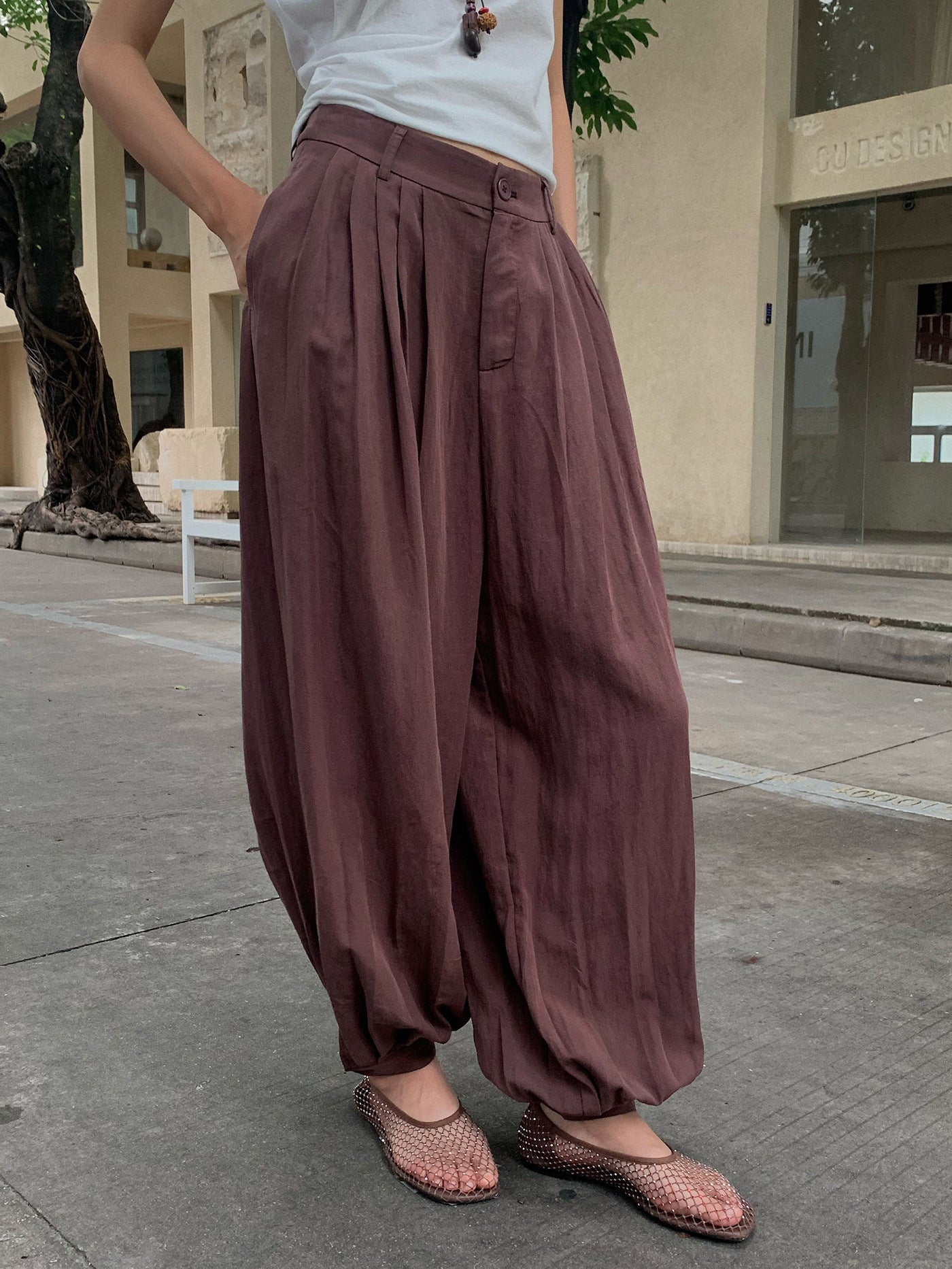 Lyocell High-Waist Pleated Casual Drawstring Lantern Pants