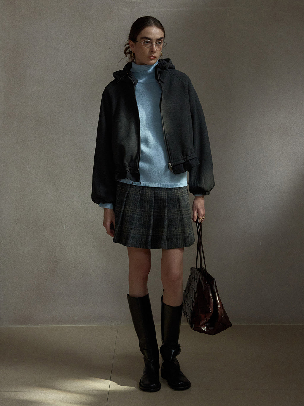 Wool Vintage Style Plaid Pleated Short Skirt