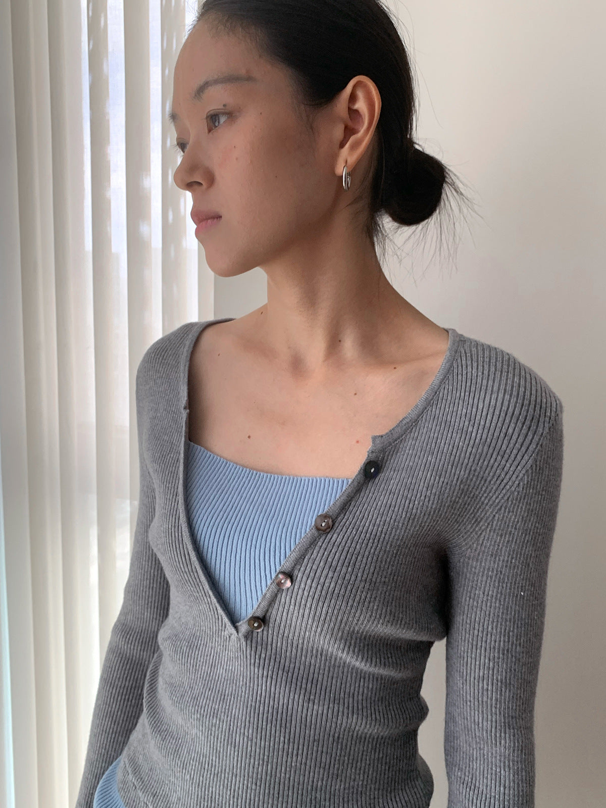 Illusion Two Tops V-Neck Ribbed Long Sleeve Top