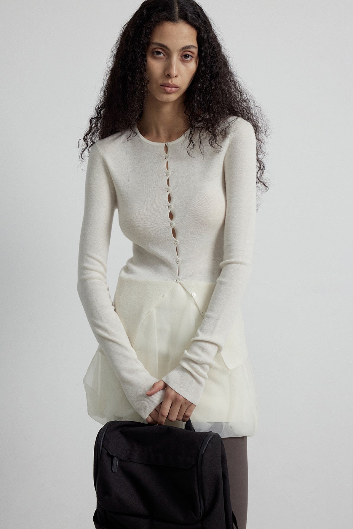 Close-fitting Wool Blend Long-sleeved Knit Single-breasted Cardigan Top