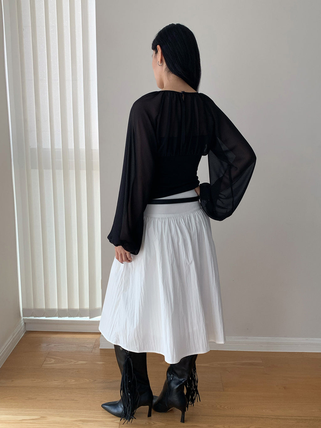Mesh Lantern Long Sleeve Square Neck Top