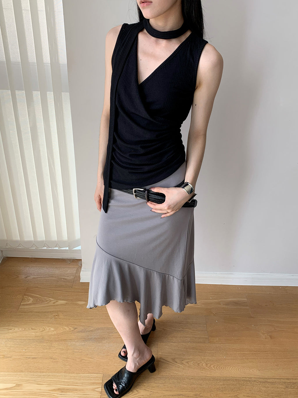 Halter-neck Off-Shoulder Thin Knit Ribbed Cross V-Neck Tank Top