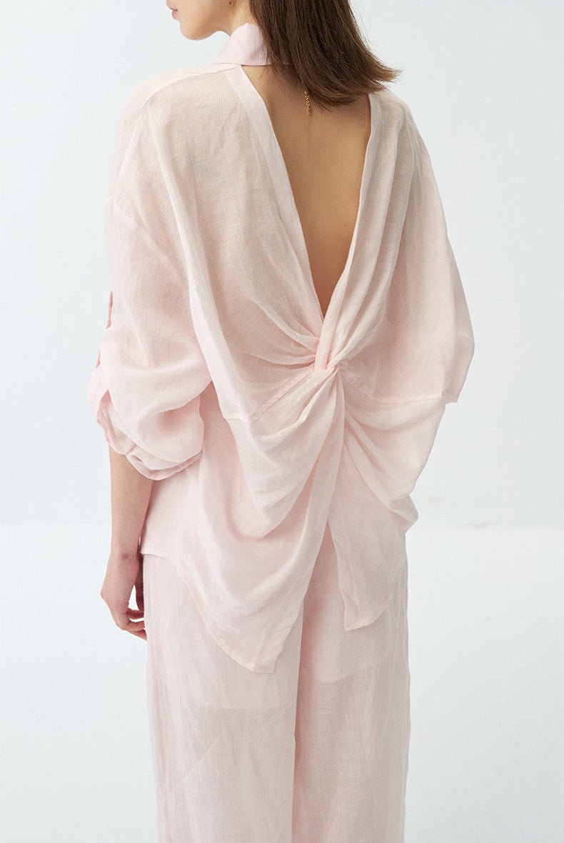 Butterfly Twisted Hollow Back Sheer Linen Shirt