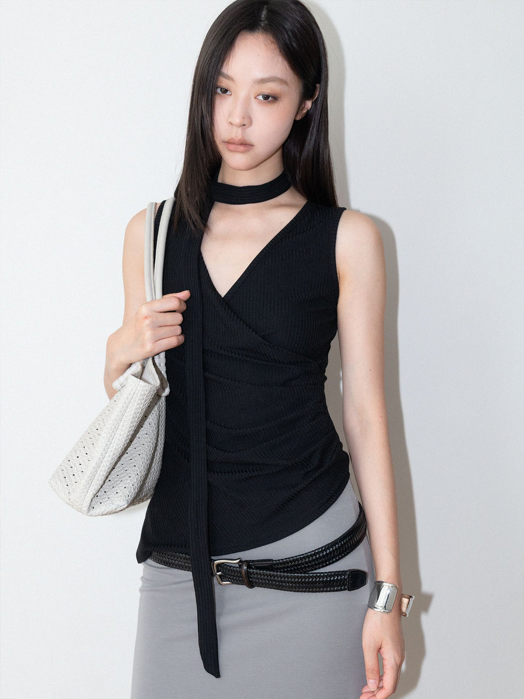Halter-neck Off-Shoulder Thin Knit Ribbed Cross V-Neck Tank Top