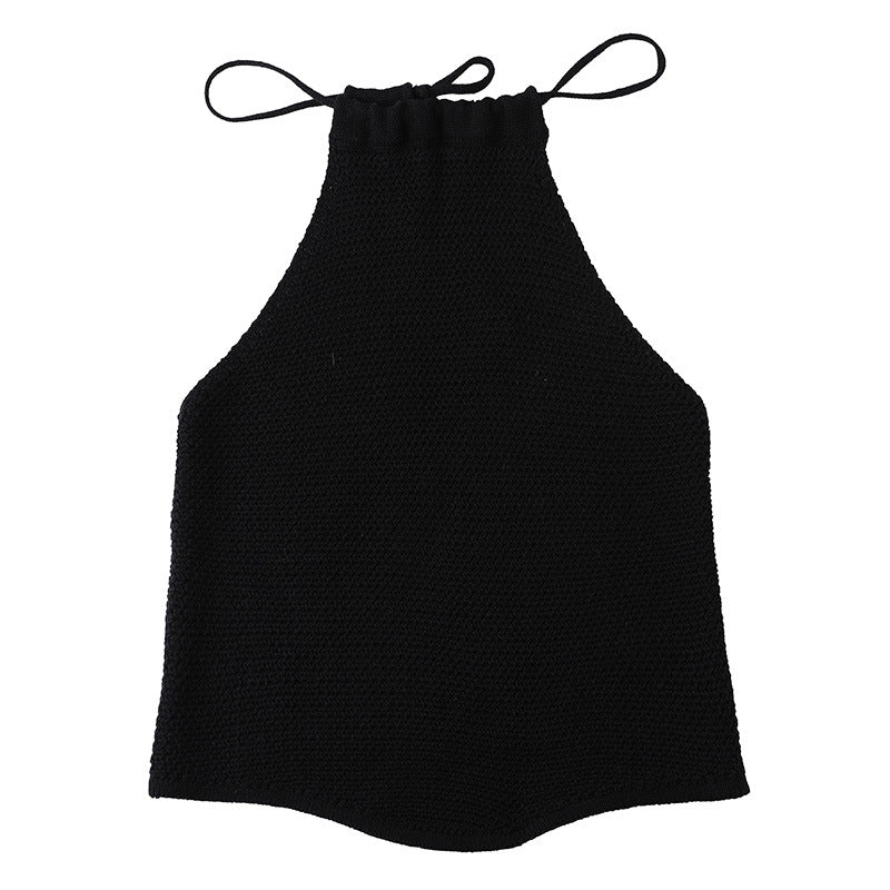 Backless Cotton Knit Drawstring Halter Neck Camisole Top