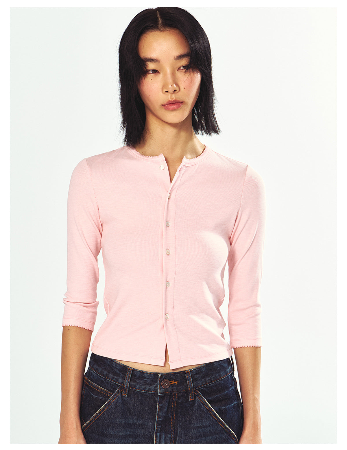 Three-quarter Sleeve Single-breasted Slim Fit Knit Top