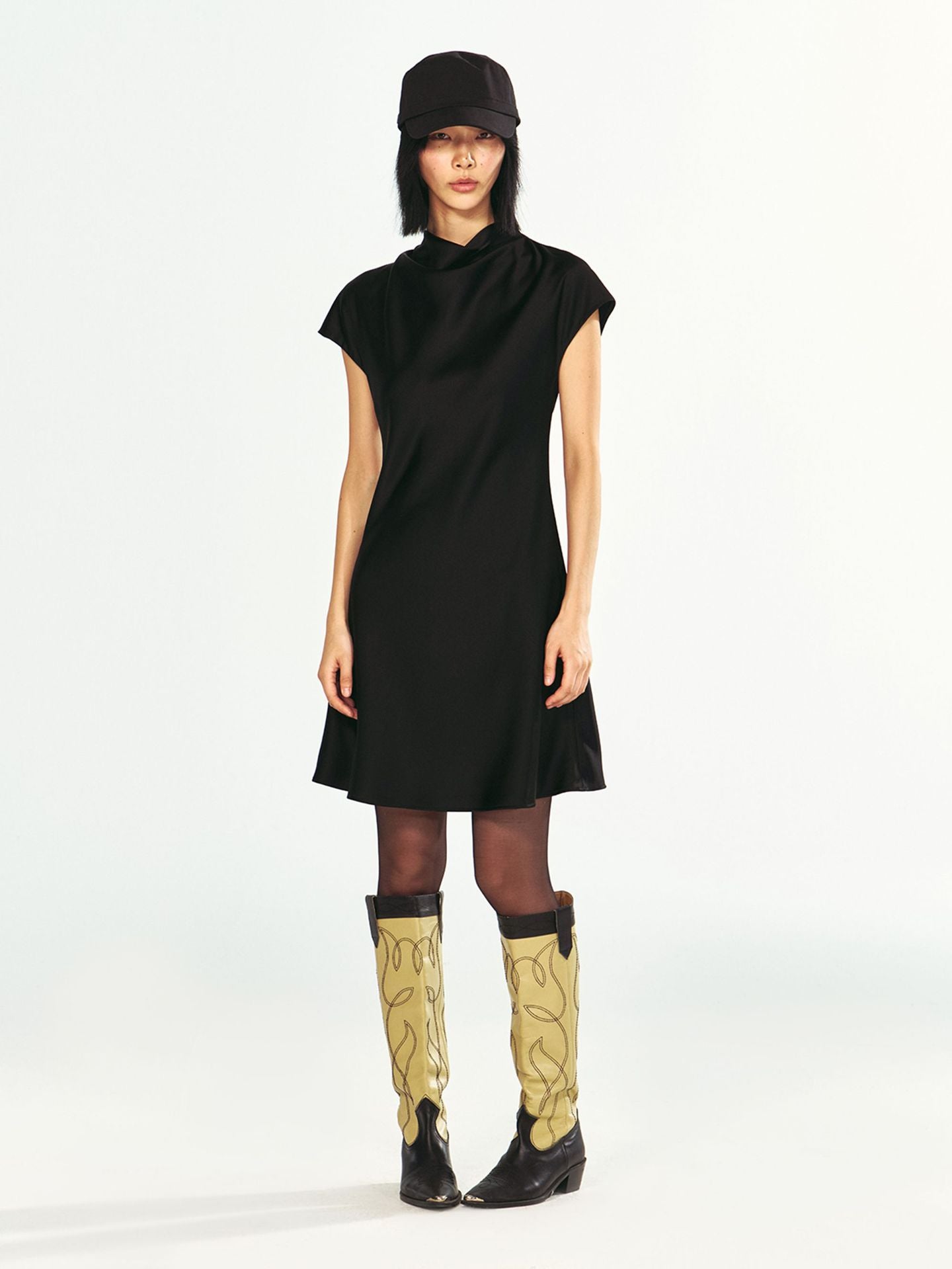 Mid-turtleneck Short-Sleeve Satin Dress