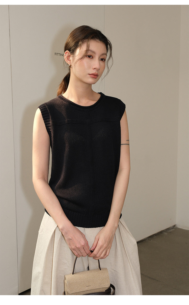 Linen Blend Roll-Neck Wool Sleeveless Knitwear Top
