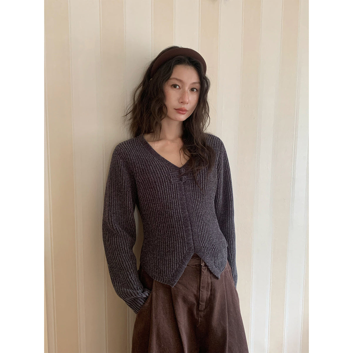 Frog Button V-Neck Striped Long-sleeve Slim-Fit Sweater