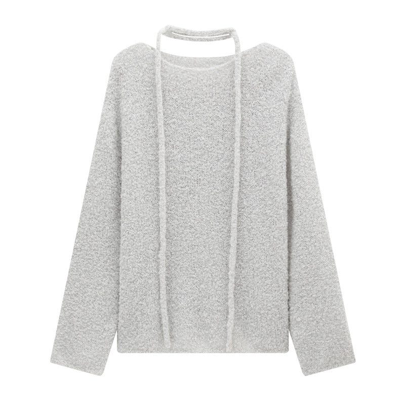 Textured Drawstring Mohair Wool Neck Knit Long-Sleeve Top