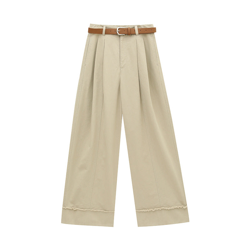 Versatile Frayed Wide-leg Pants with Belt