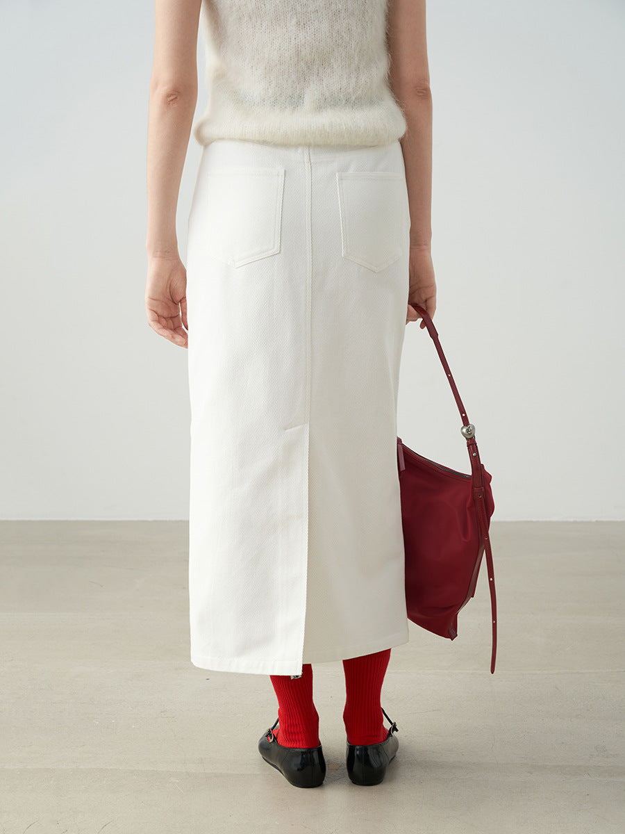 High-Waisted A-Line Maxi Denim Skirt with Back Pockets