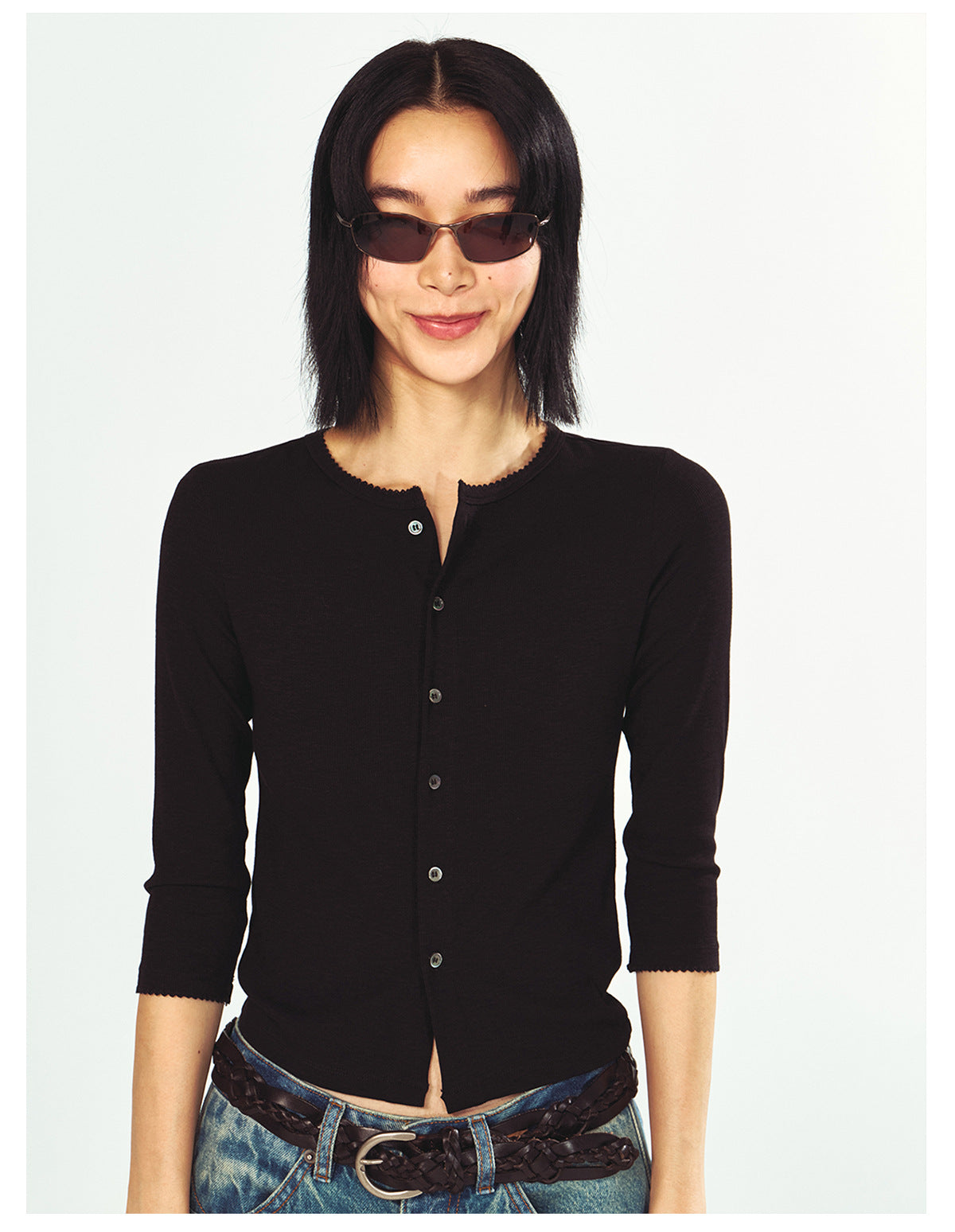 Three-quarter Sleeve Single-breasted Slim Fit Knit Top