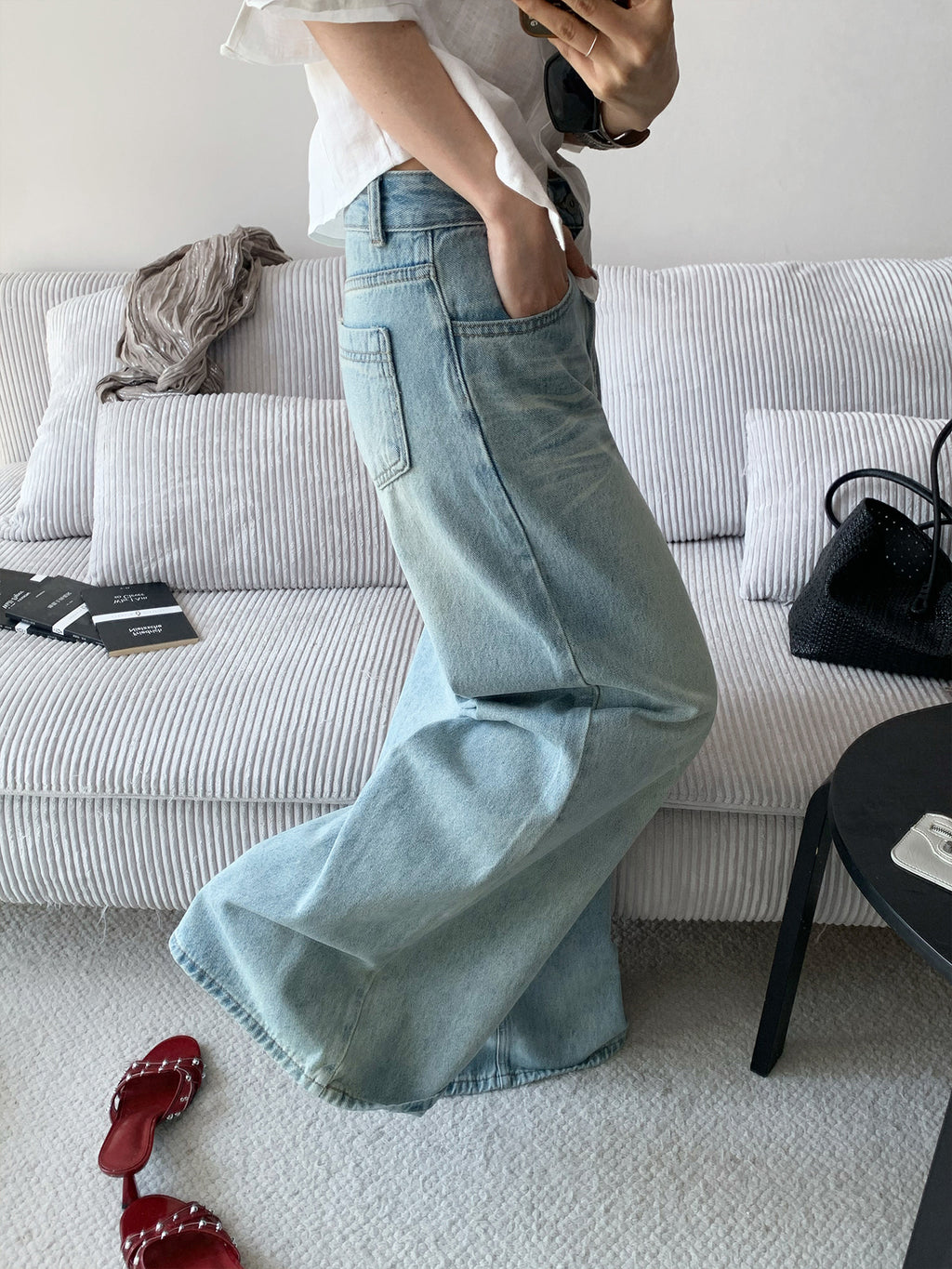 High-Waist Wide-Leg Washed Long Baggy Jeans