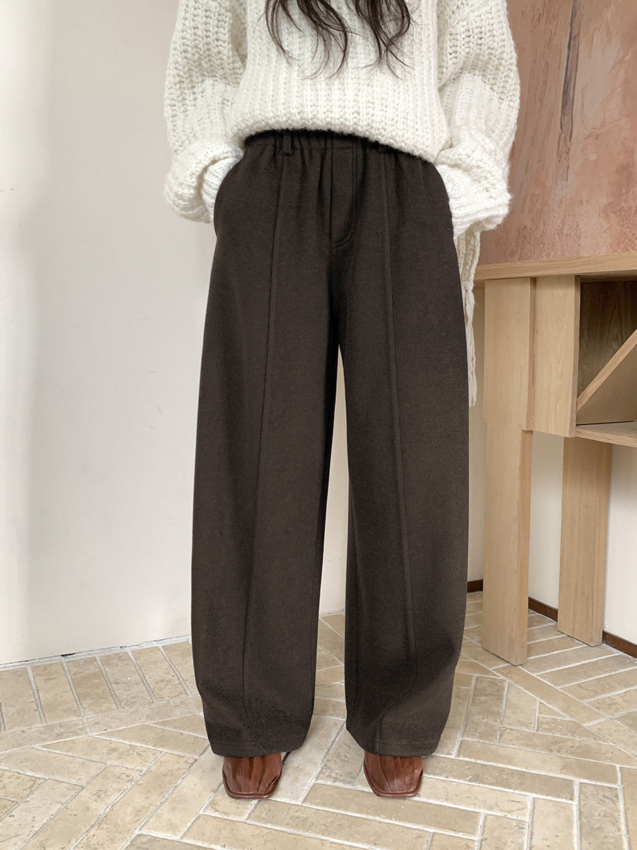 High-Waist Elastic Waist Thick Straight Leg Tailored Pants