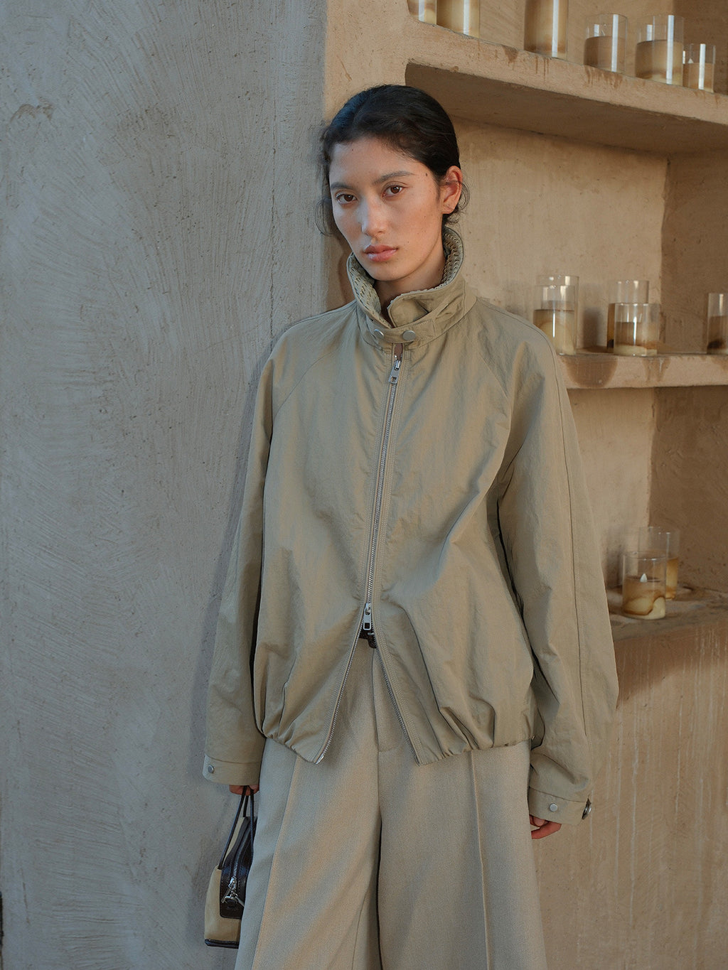 Woven Collar Double Zipper Windbreaker Jacket