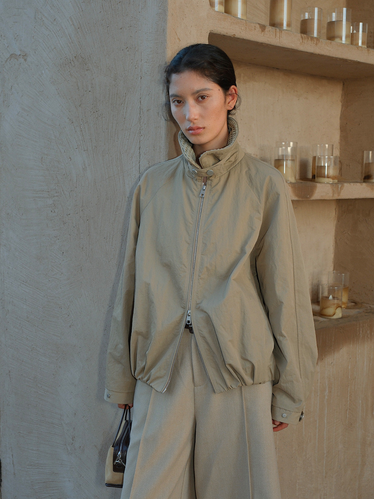 Woven Collar Double Zipper Windbreaker Jacket