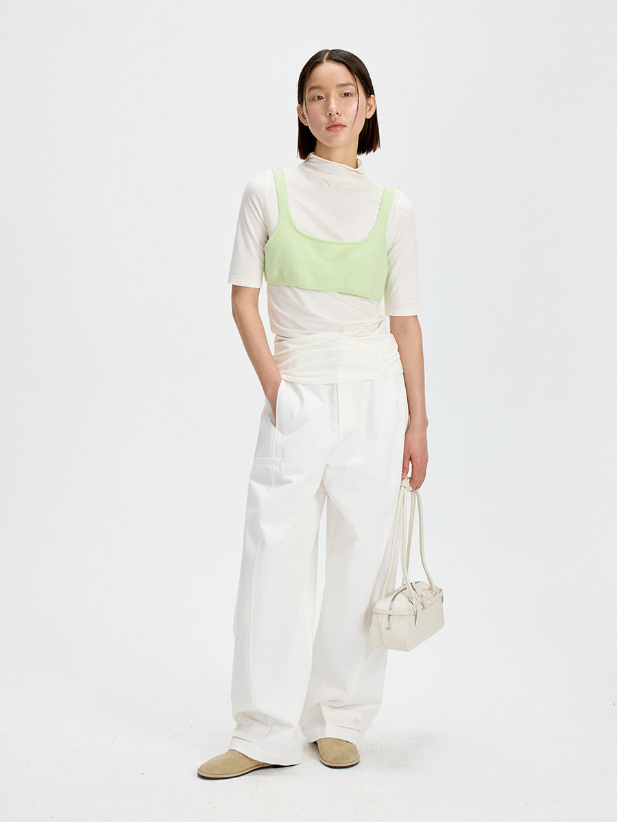High Waist Wide-Leg Cargo Trousers with Adjustable Hem