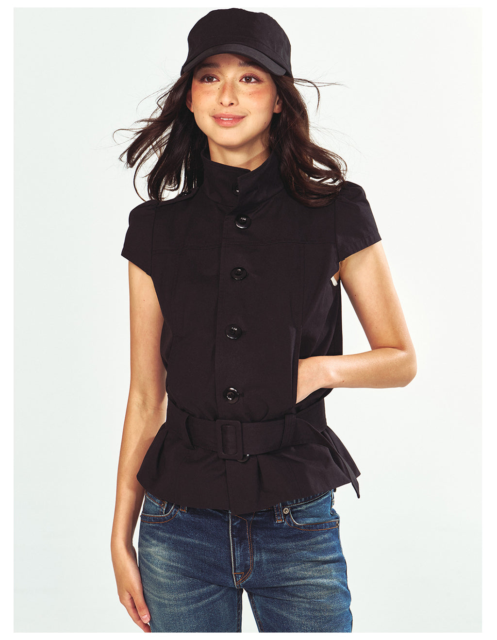 Fashionable Stand Collar Single-Breasted Buckle Lace-Up Jacket Top