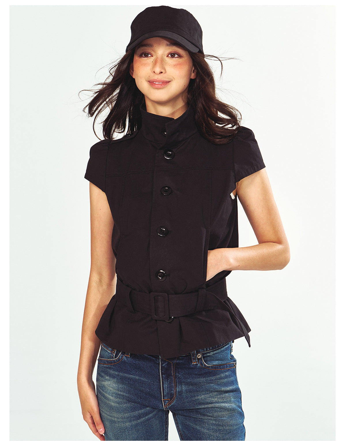 Fashionable Stand Collar Single-Breasted Buckle Lace-Up Jacket Top