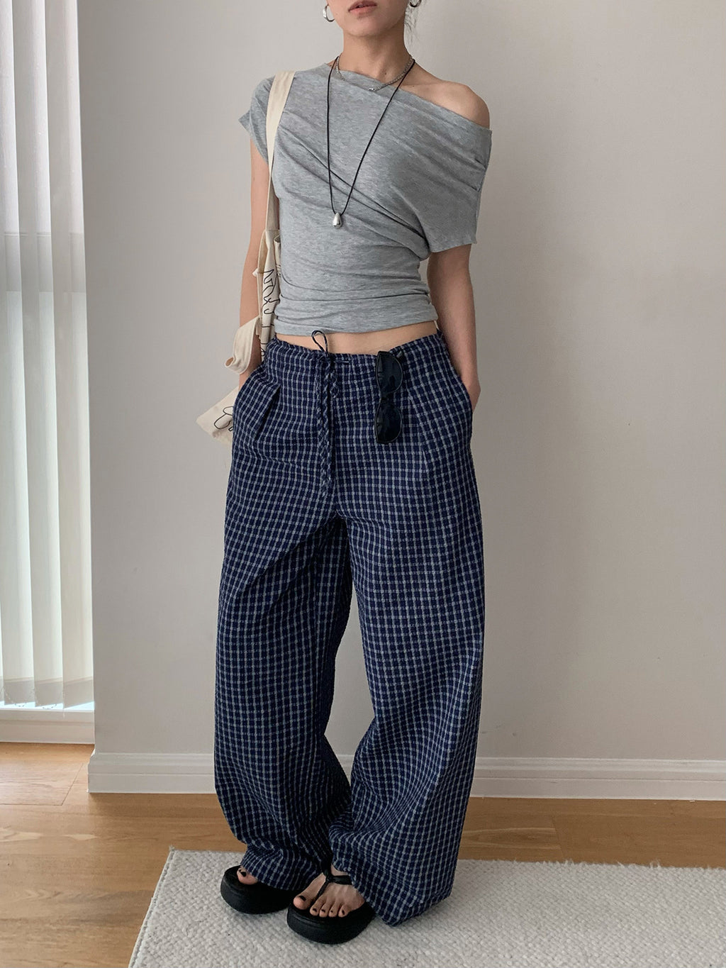 Drawstring Plaid Wide-leg Low-rise Pants