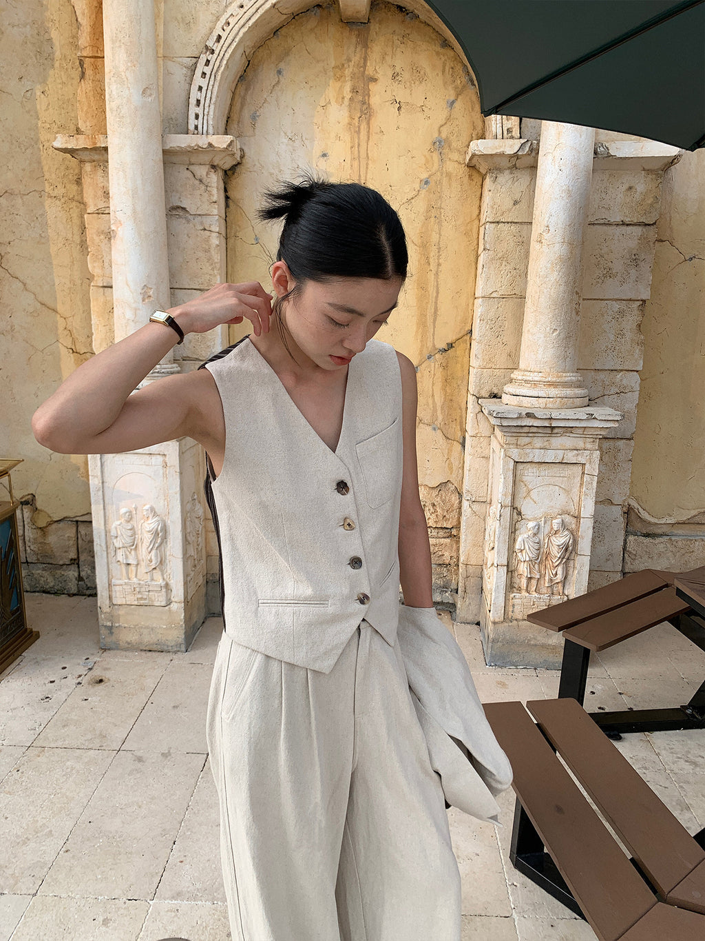 V-Neck Linen Patchwork Suit Vest