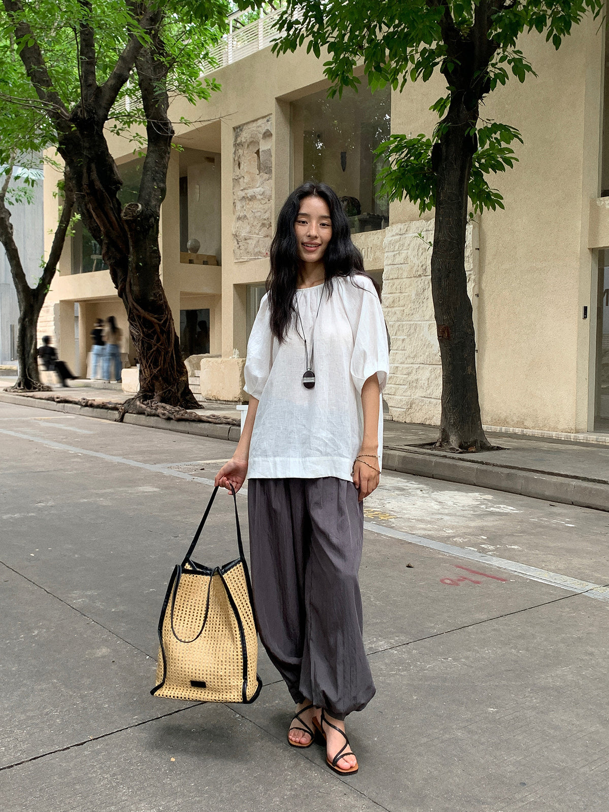Round Neck Long-sleeve Hollow-out Embroidered Breathable Linen Shirt