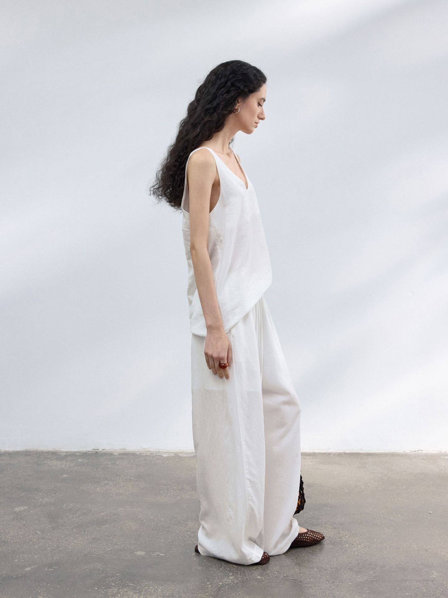 Tencel Elastic Waist Wide Leg Pants
