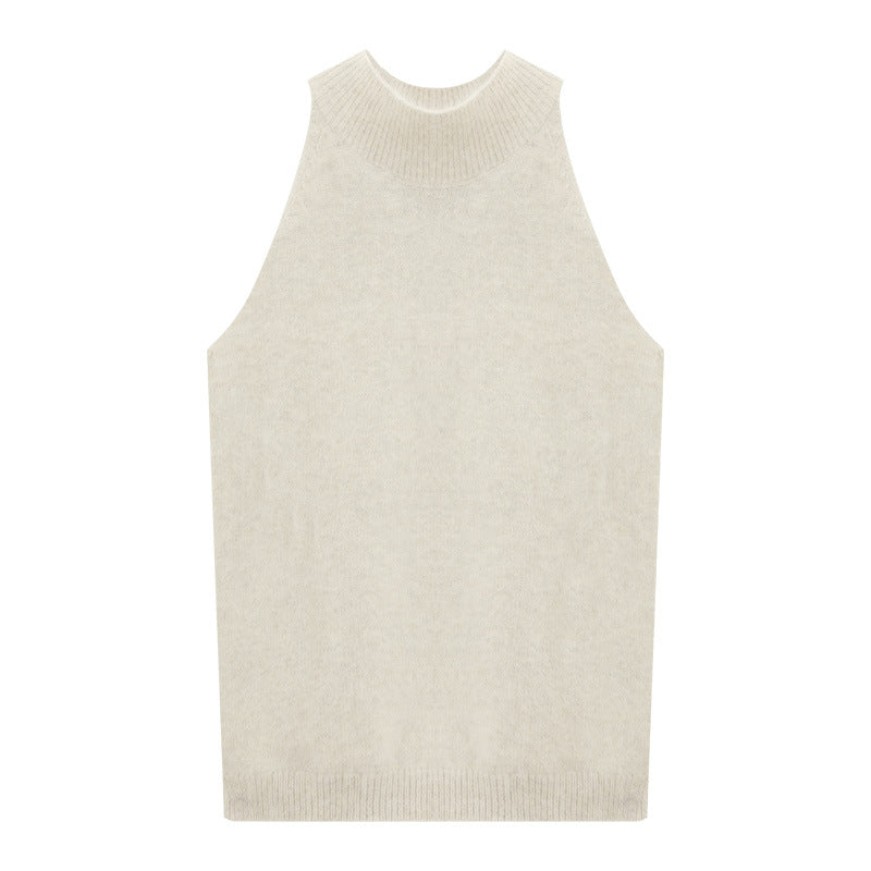 Fuzzy Knit High-Neck Sleeveless Sweater Top