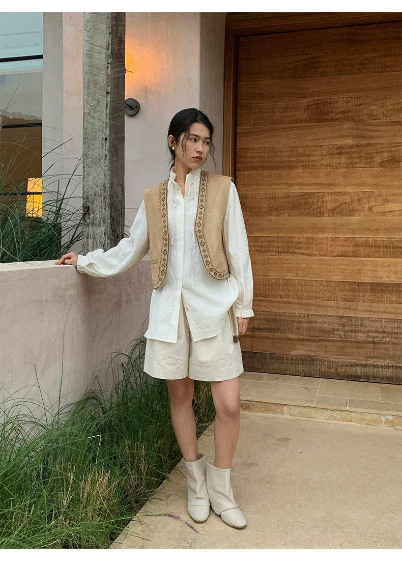 Linen Casual Wide-leg Belt Shorts