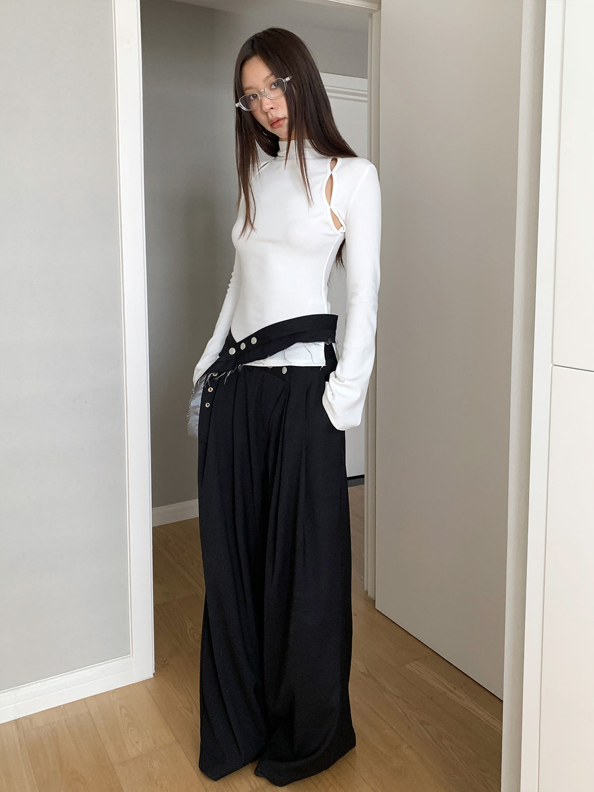 Mock Neck Ribbed Long Sleeve Cutout Top