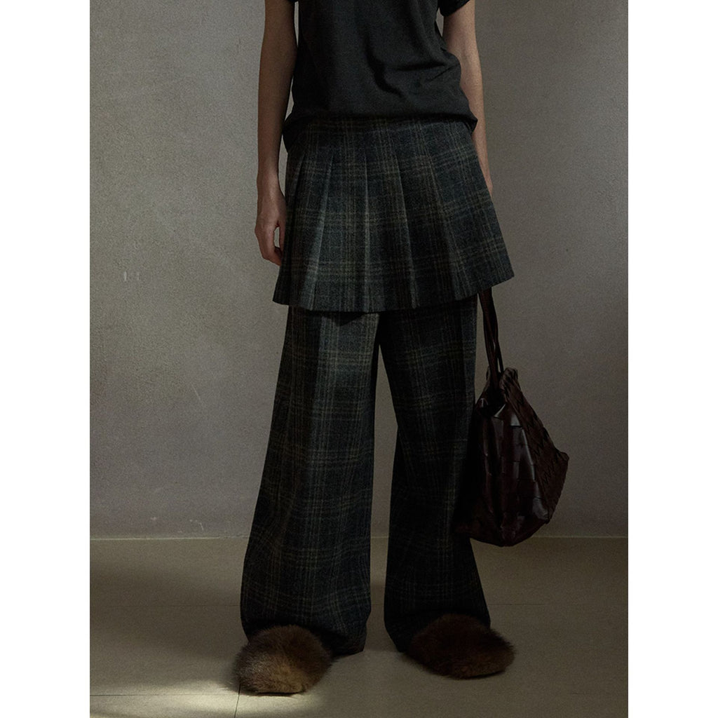 Wool Vintage Style Plaid Pleated Wide-Leg Pants (Pants Only)