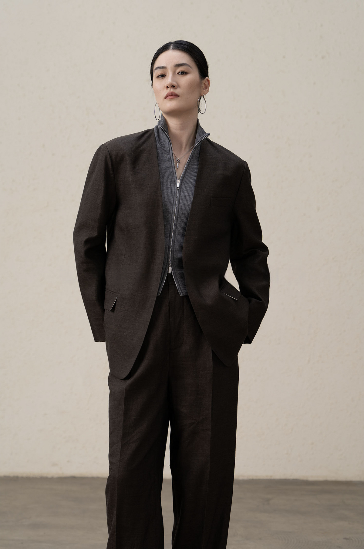 Premium Ramie Loose Oversized Suit Blazer and V-Neck Top