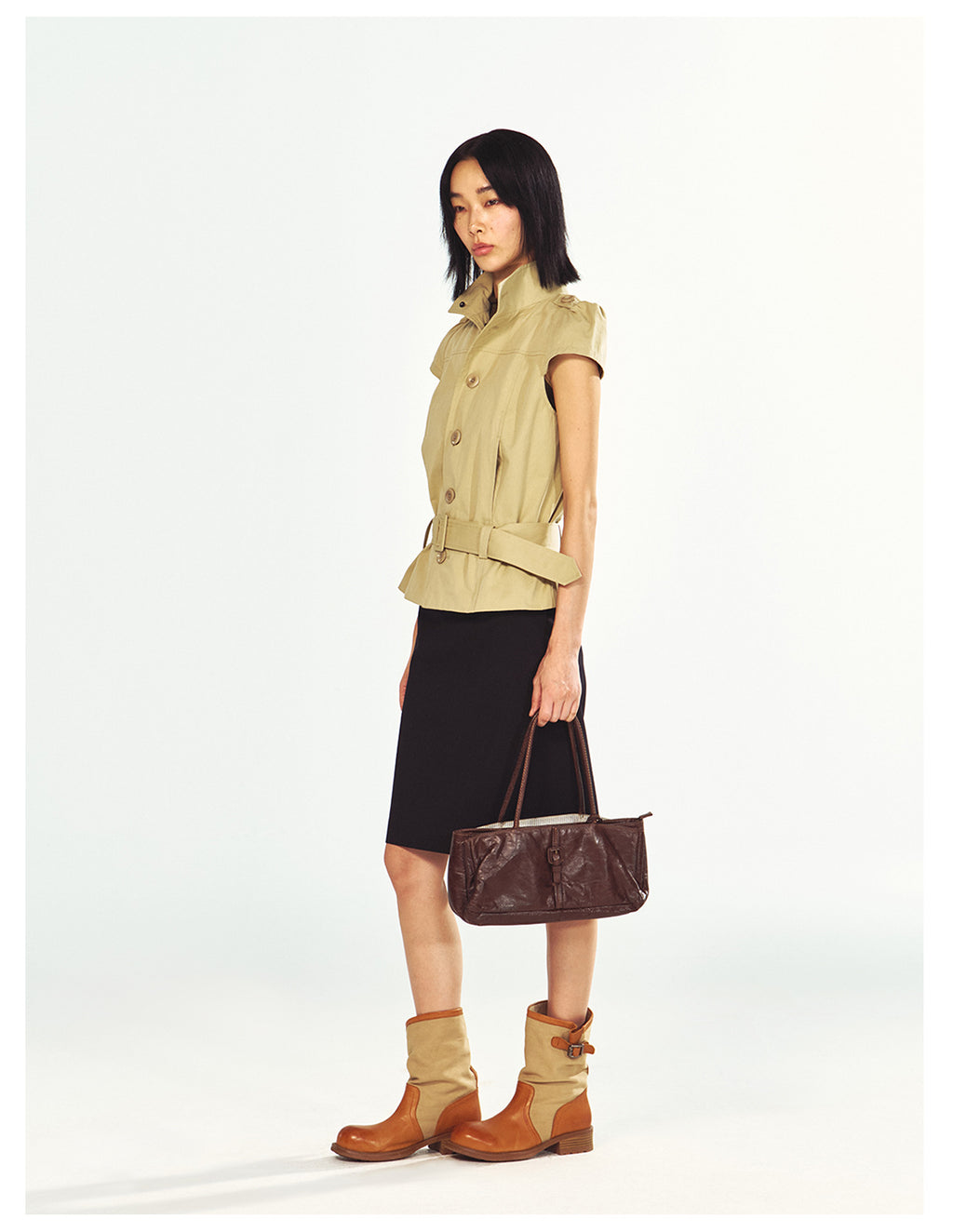 Fashionable Stand Collar Single-Breasted Buckle Lace-Up Jacket Top