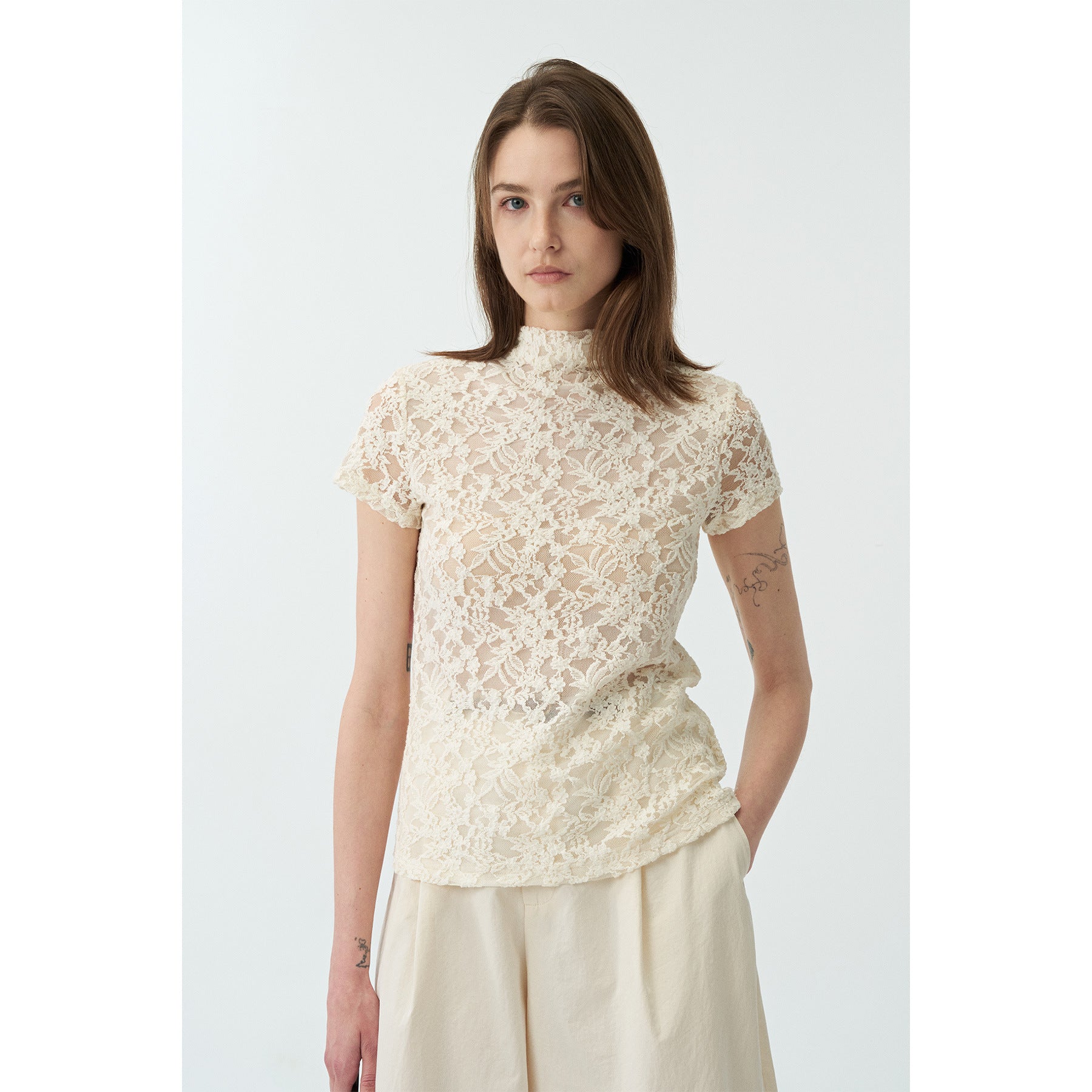 Lace Stand-collar Cut-out T-shirt Top