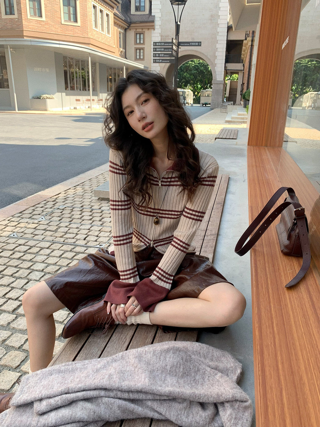 Flared Sleeves Slim Striped Zip-Up Knitted Sweater Cardigan Top