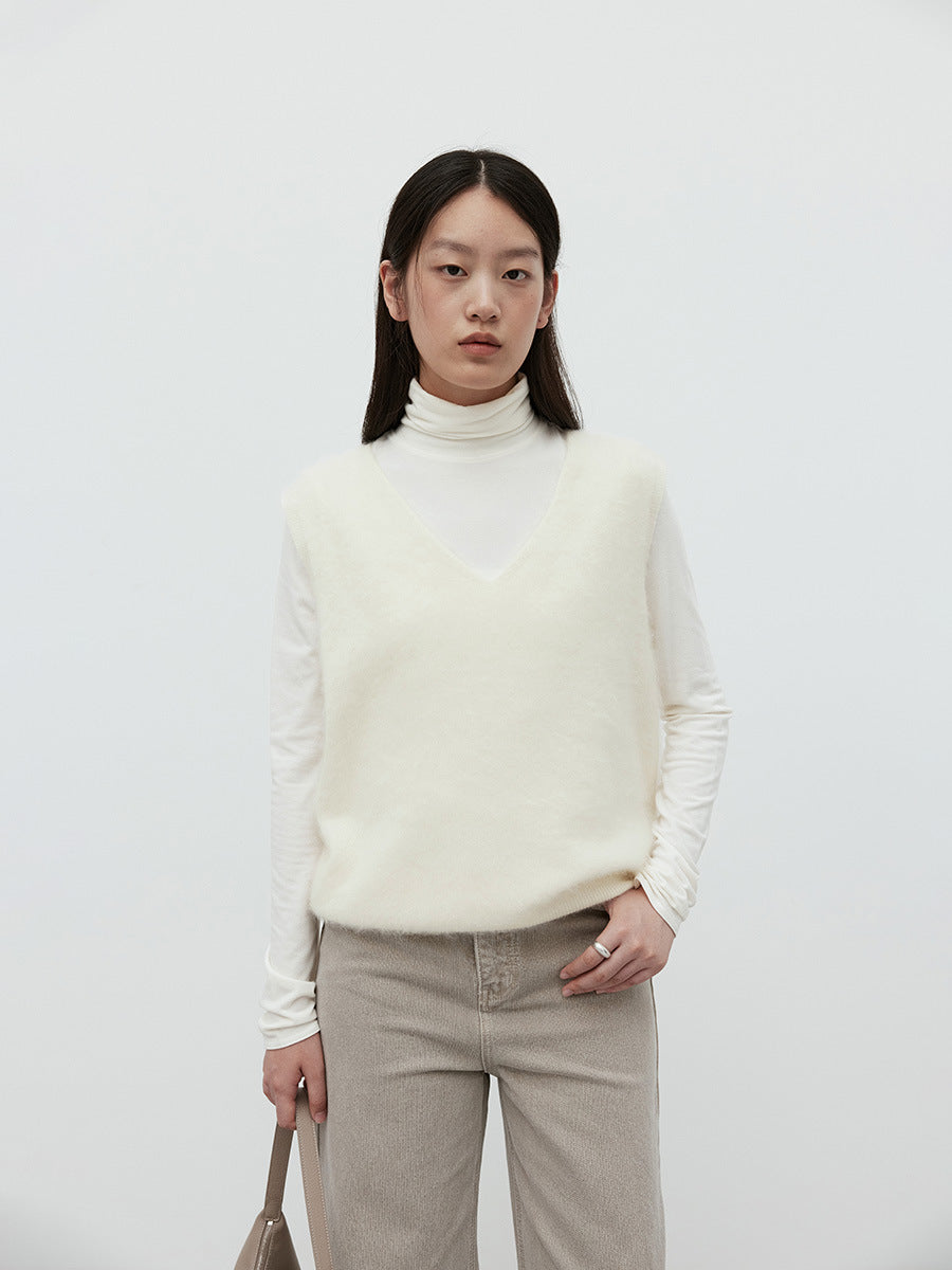 Fuzzy Wool Cashmere V-Neck Sleeveless Sweater Vest