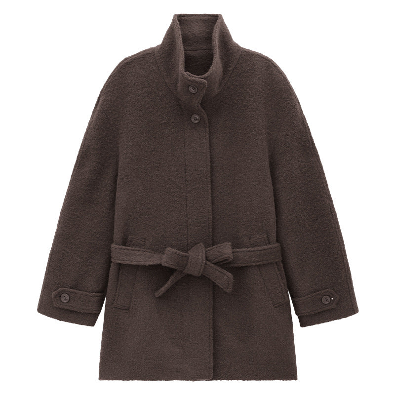 Solid Color Alpaca Warm Wool Coat with Waist Belt