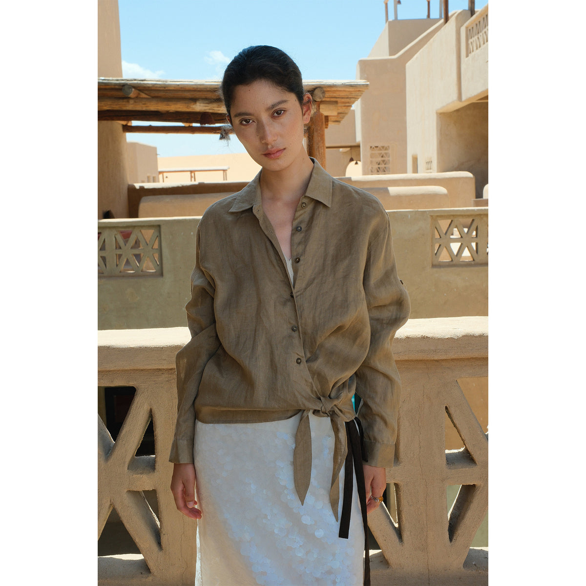 Linen Lapel Hem Waist-Cinching Two-Piece Long-Sleeve Shirt